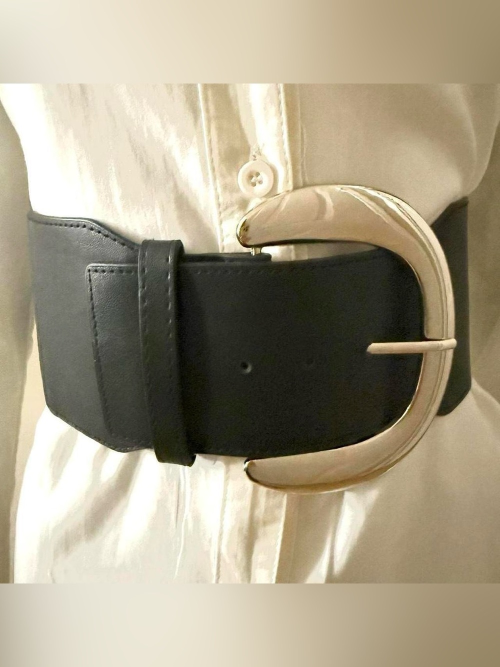 Black PU leather silver tone chunky buckle wide elastic waistband belt